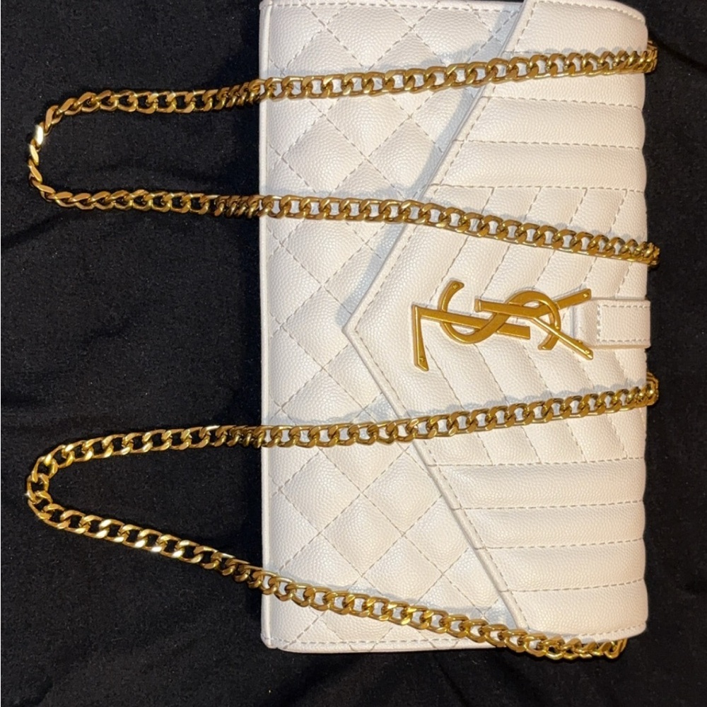 Yves Saint Laurent Ivory Quilted Clutch with Gold Chain